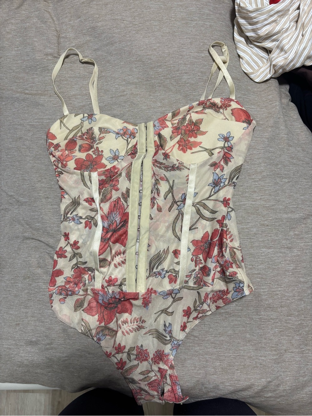 Free People Floral Lace-Up Bustier Bodysuit - Cream with Red & Blue Floral